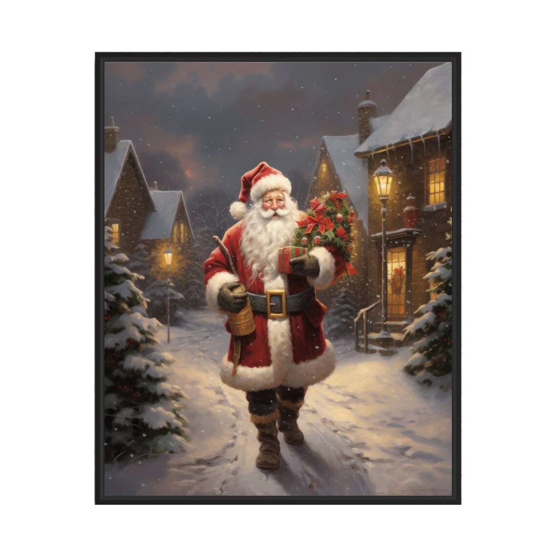 Santa Claus Walking Snowy Village Lane with Wreath Christmas Poster
