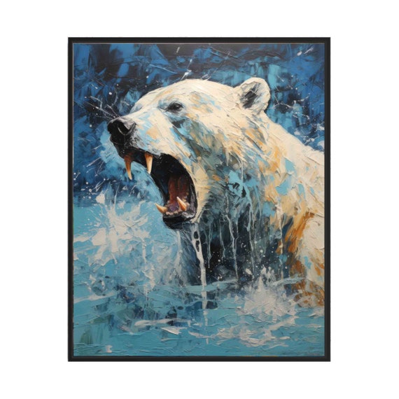 Polar Bear Emerging from Water Blue Impasto Wildlife Wall Art