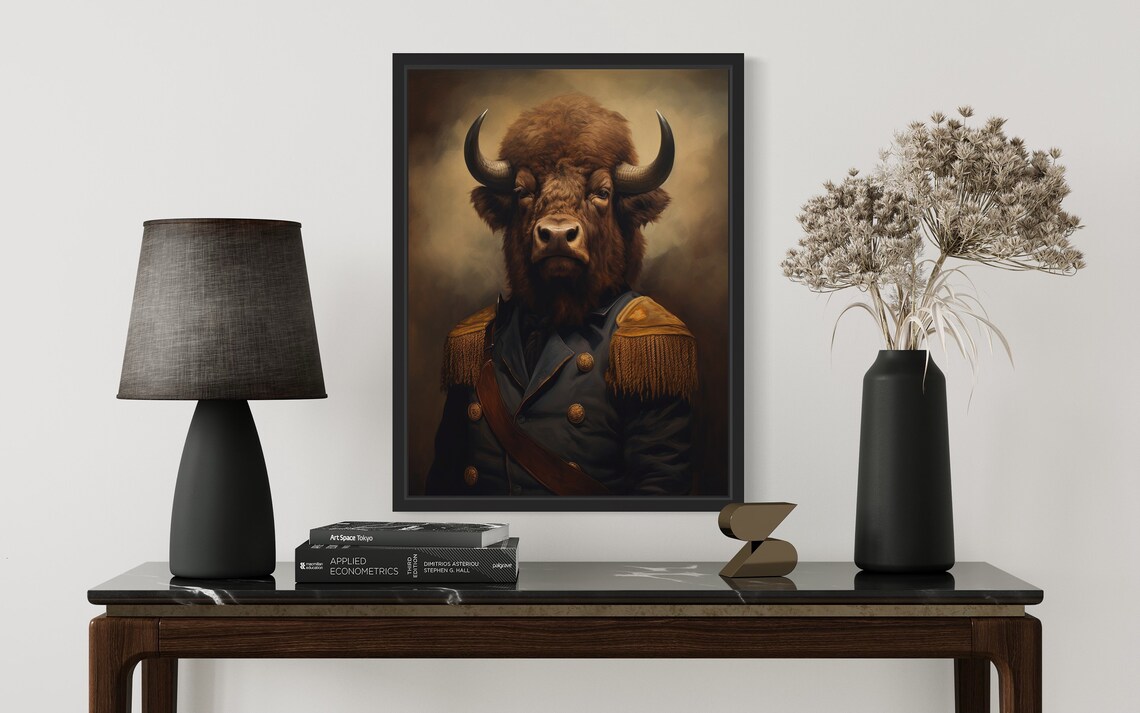Bison in Military Uniform Whimsical Animal Portrait Oil Painting Print - Image 2