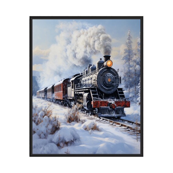 Vintage Steam Locomotive in the Snow Winter Railroad Art Poster