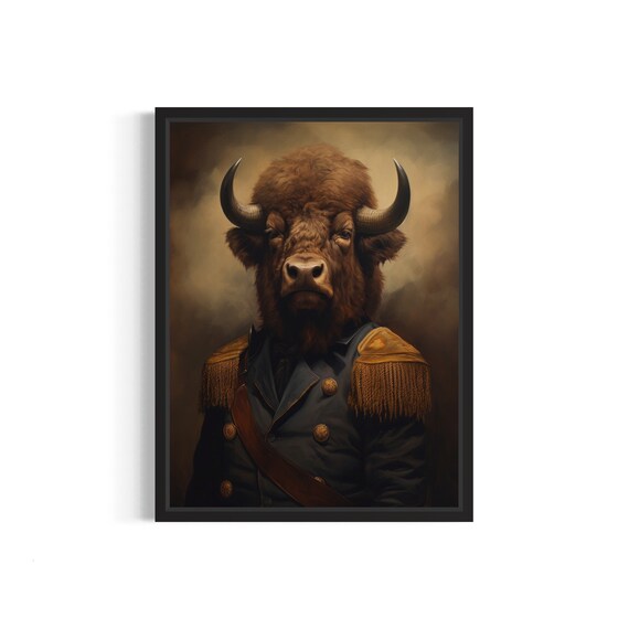 Bison in Military Uniform Whimsical Animal Portrait Oil Painting Print