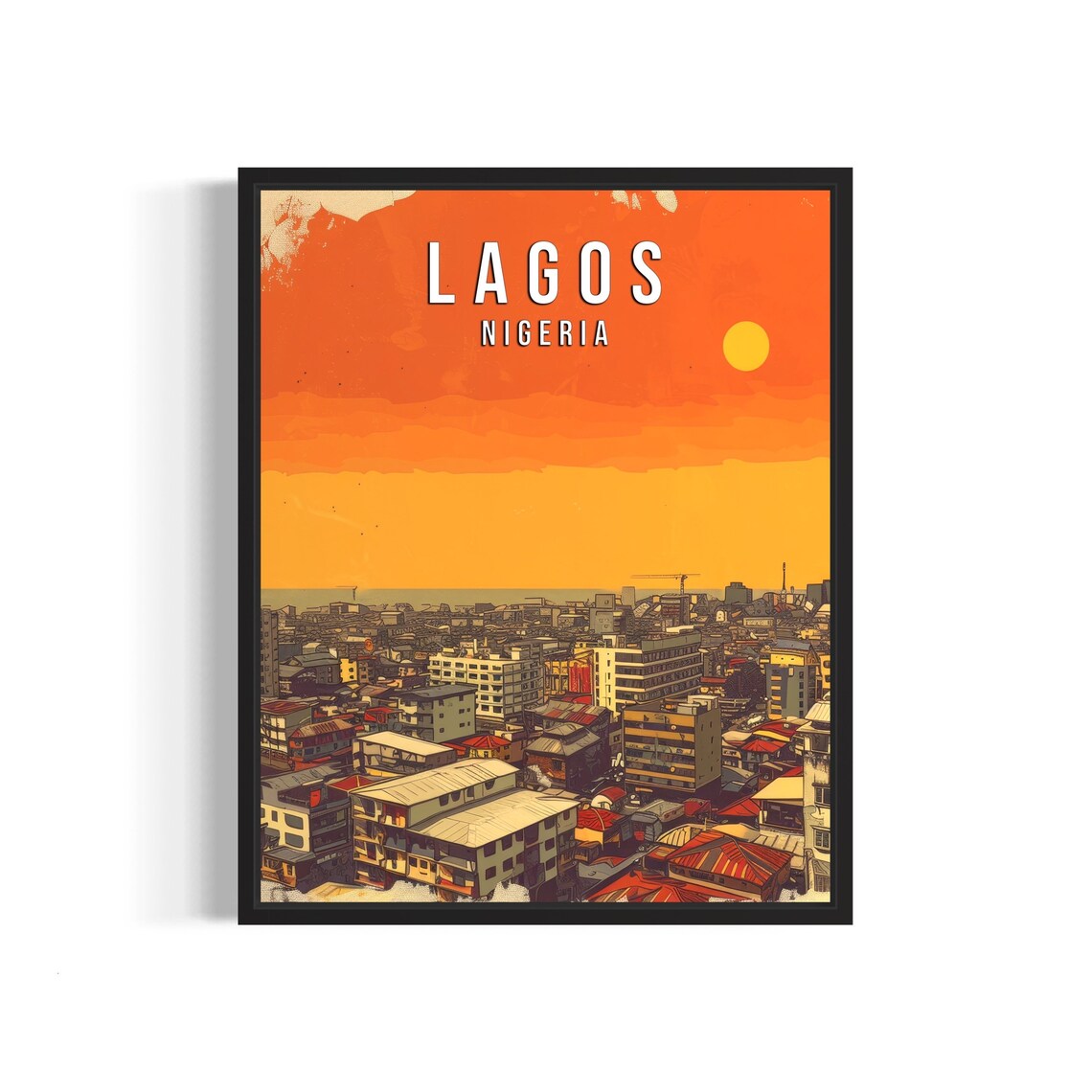 Lagos Nigeria Skyline Above Bustling Orange City Travel Poster