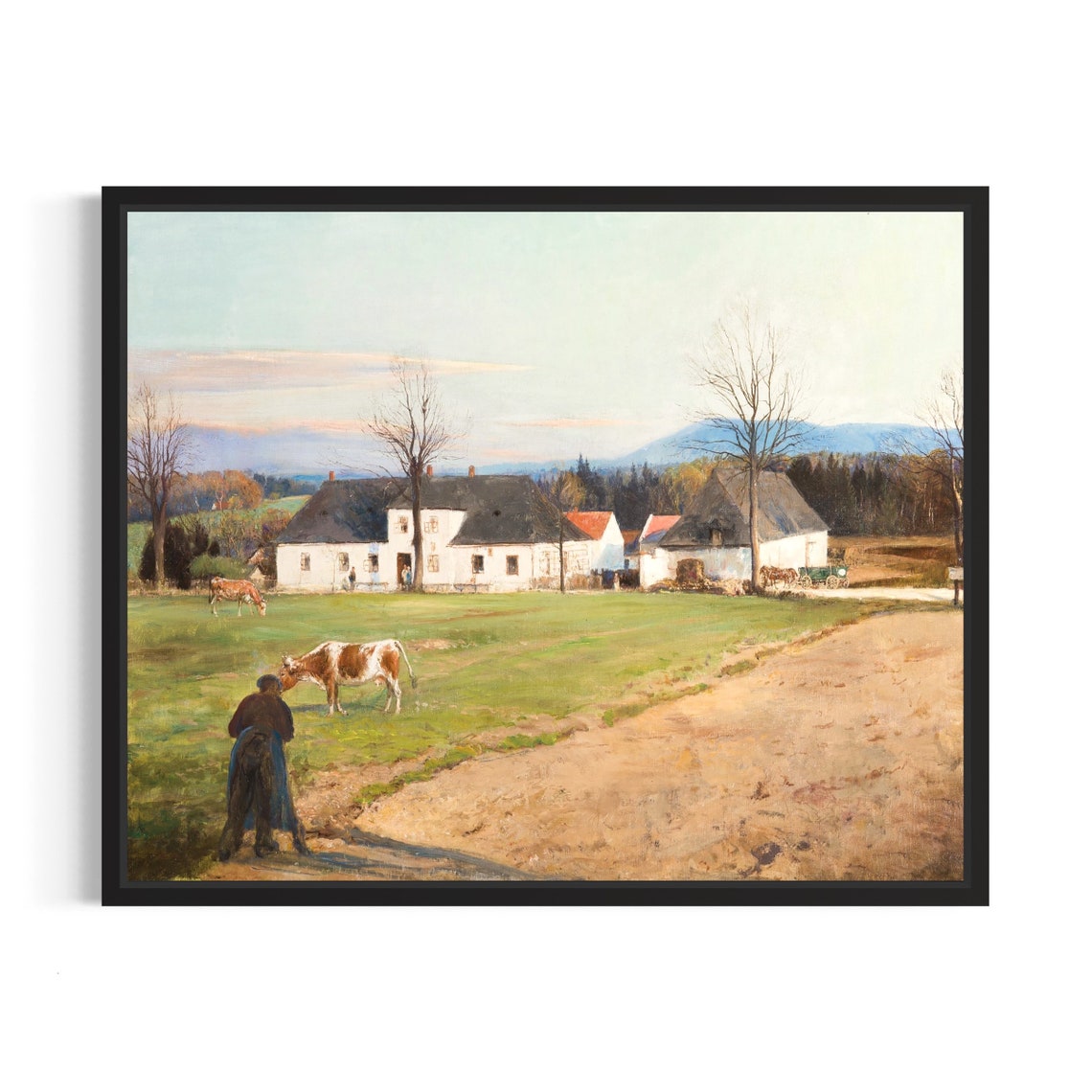 Farmstead With Cows Grazing In Pasture At Dusk Vintage Art Poster