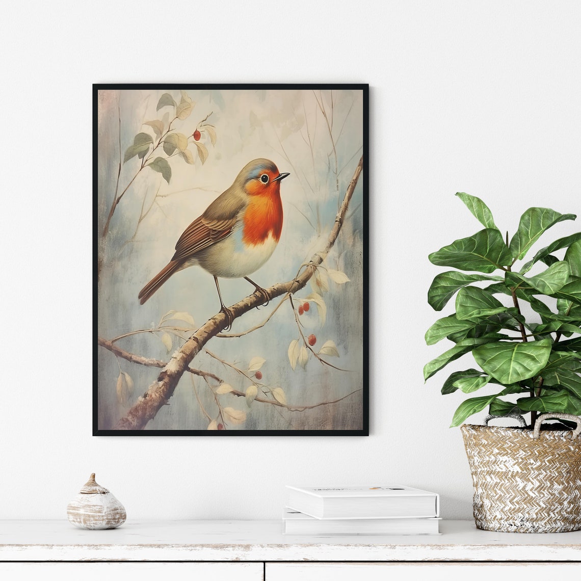 European Robin Perched on a Branch in Autumn Vintage Bird Poster - Image 2
