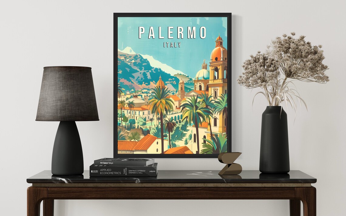 Palermo Italy Cathedral Dome Palm Trees Sicily Retro Travel Poster - Image 2