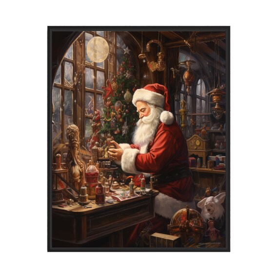 Santa Claus Workshop Toy Crafting Scene by Moonlight Christmas Poster