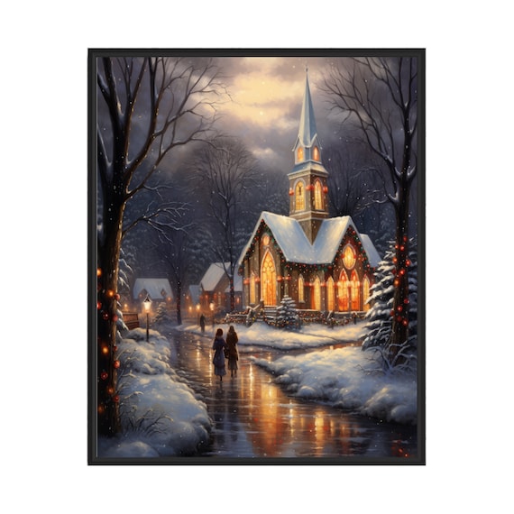 Christmas Eve Church Snowy Lantern Path Warm Glowing Lights Poster