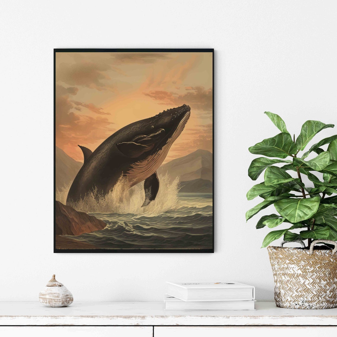 Breaching Humpback Whale at Sunset Dramatic Vintage Ocean Poster - Image 3