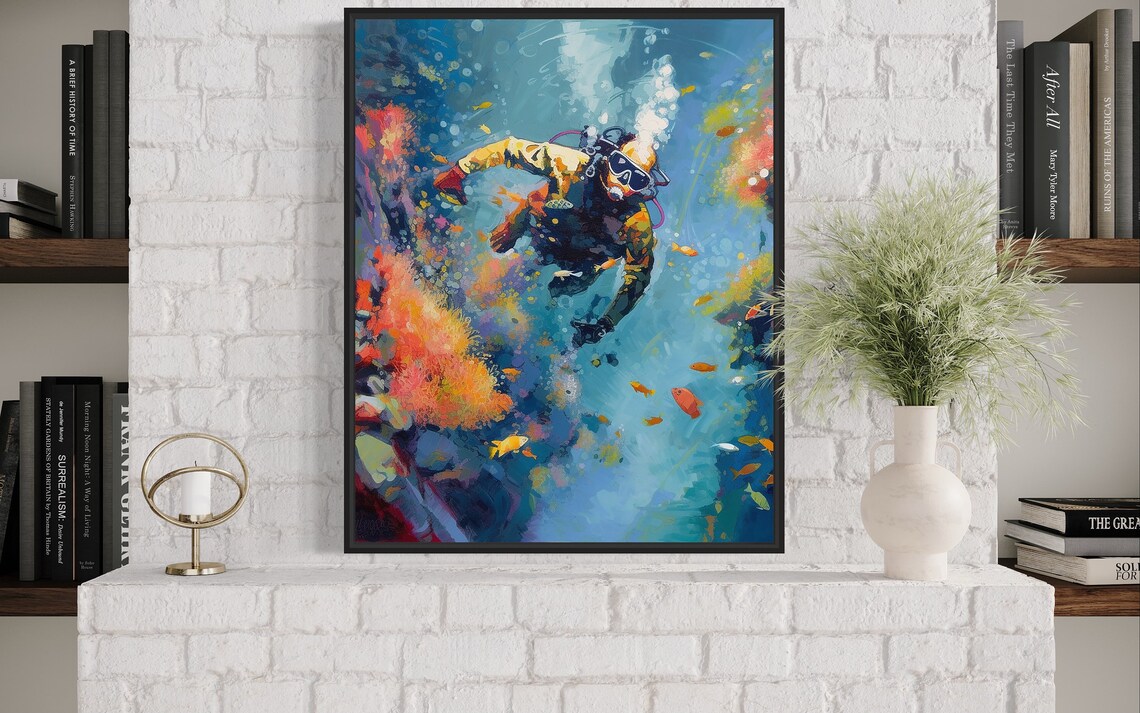 Scuba Diver Coral Reef Abstract Painting Poster Ocean Diving Sea Art - Image 3
