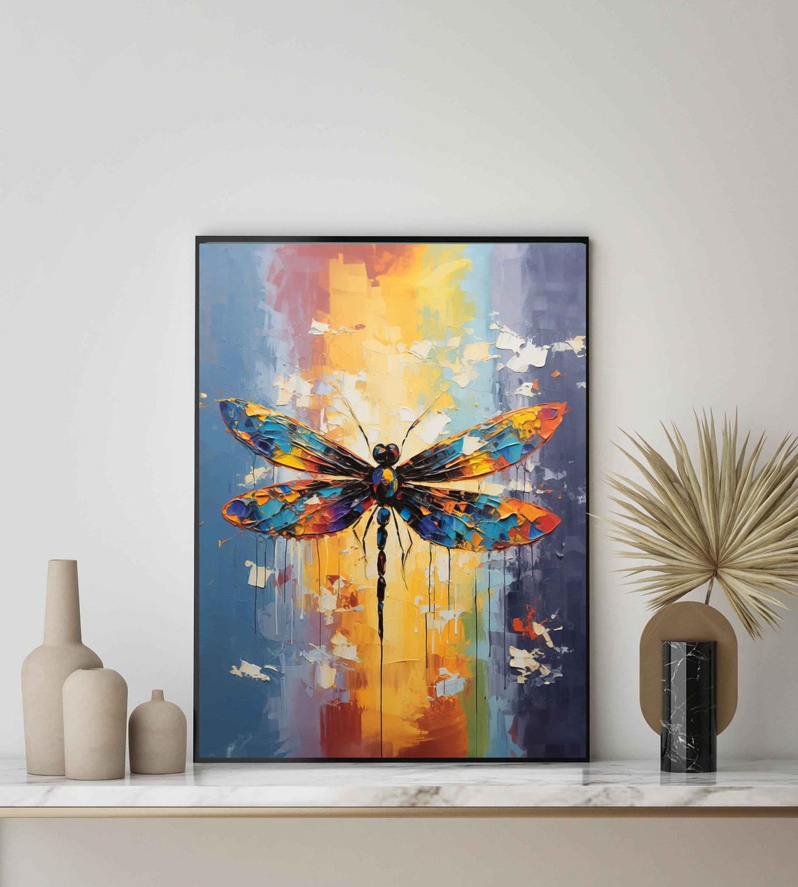 Colorful Dragonfly With Stained Glass Wings Sunset Art Poster - Image 2