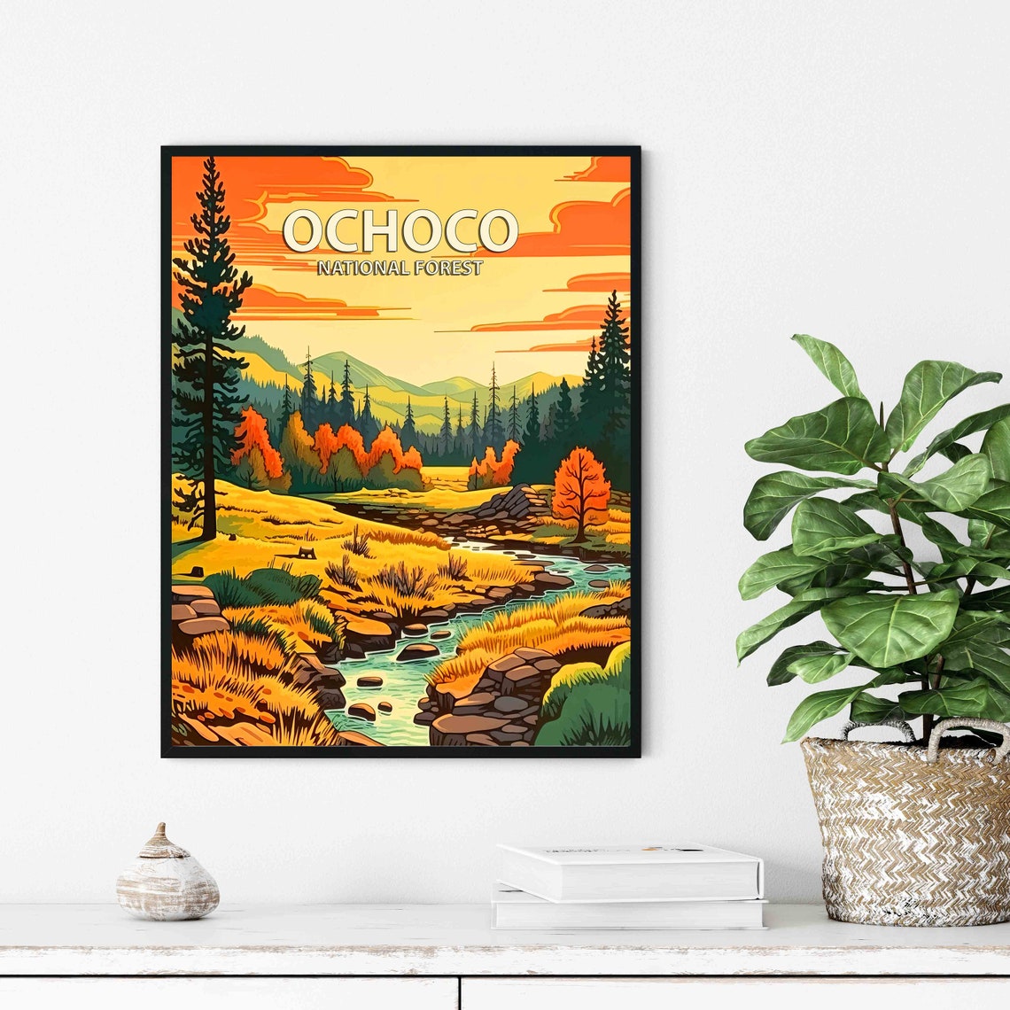 Ochoco National Forest Sunset Meadow Stream Retro Landscape Poster - Image 2