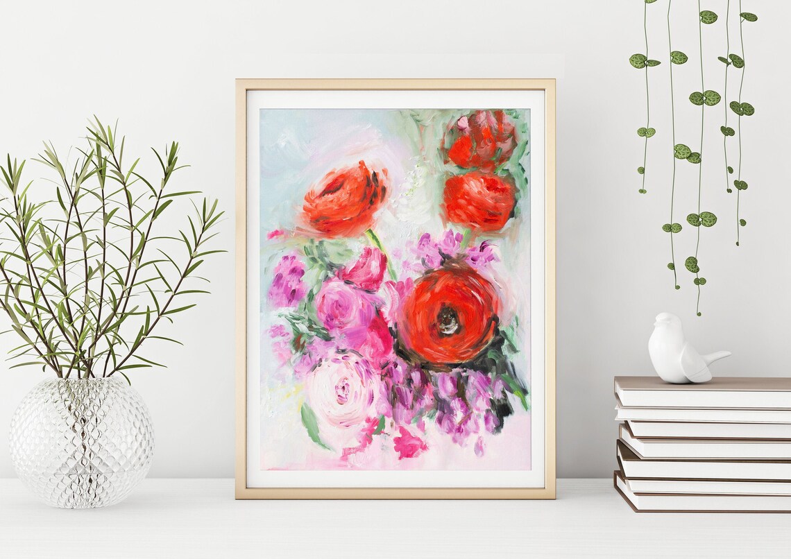 Red Pink Ranunculus Bouquet Bold Floral Oil Painting Art Poster