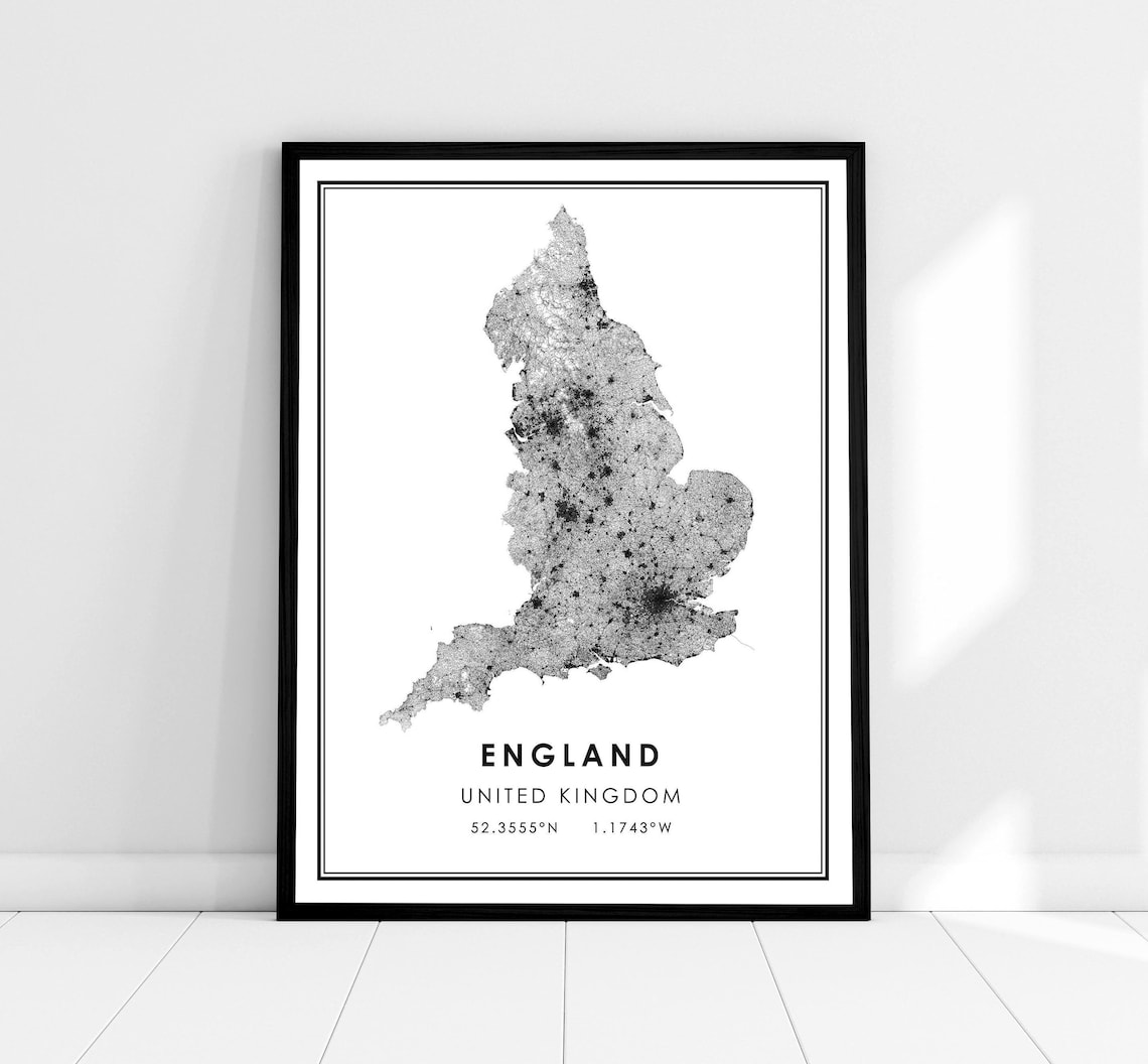 England Country Map Art Print, United Kingdom