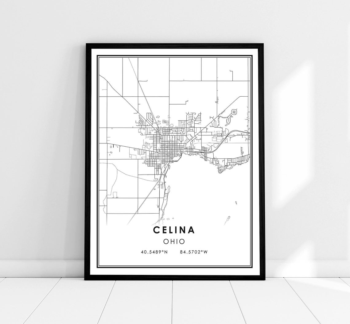 Celina Ohio Minimalist City Map Black White Coordinates Art Poster