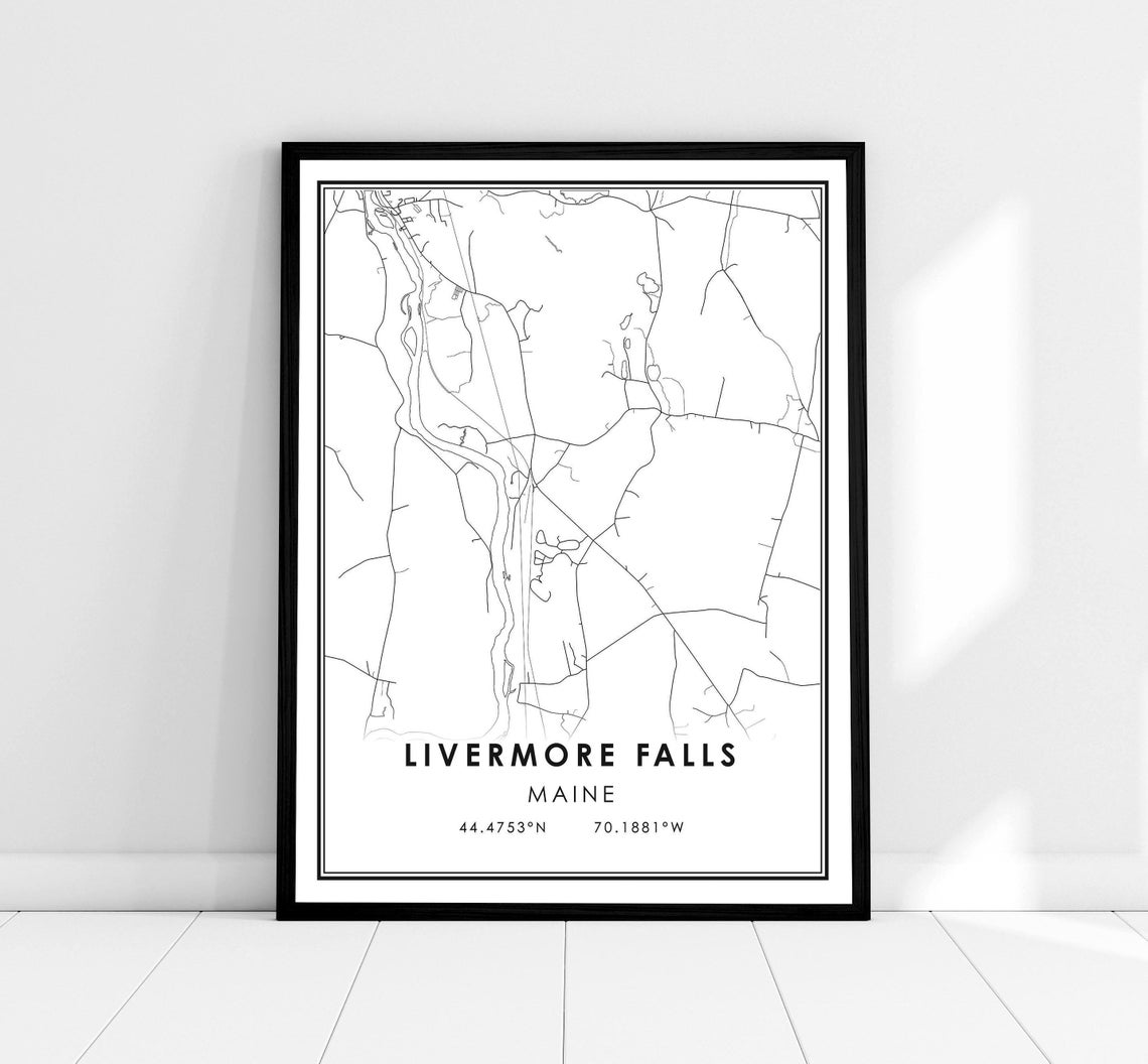 Livermore Falls Maine Minimalist Black and White City Map Poster