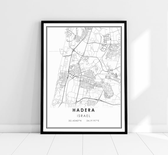 Hadera Israel Black and White Street Map Coordinates Art Poster