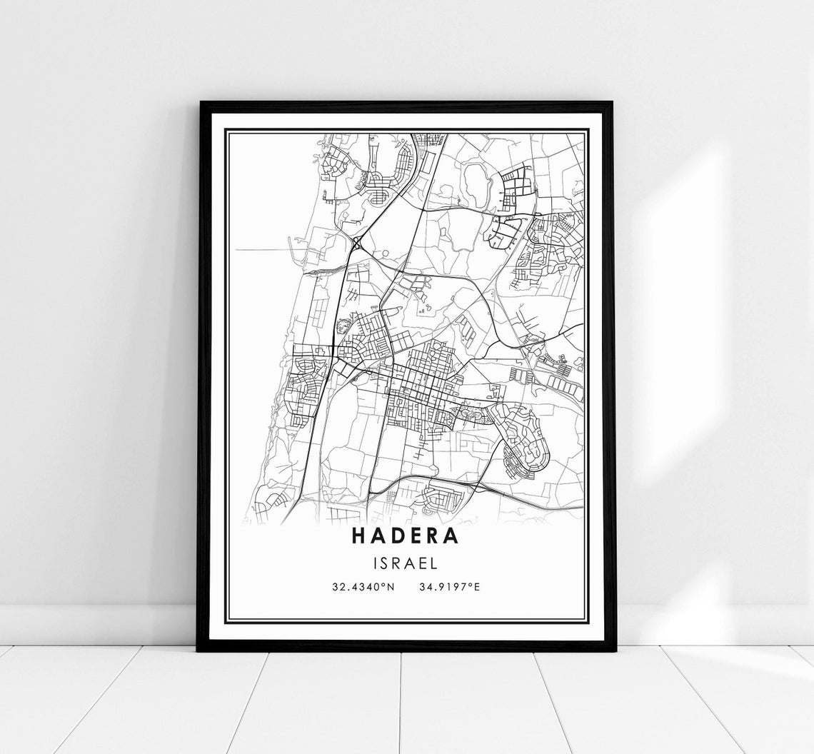 Hadera Israel Black and White Street Map Coordinates Art Poster