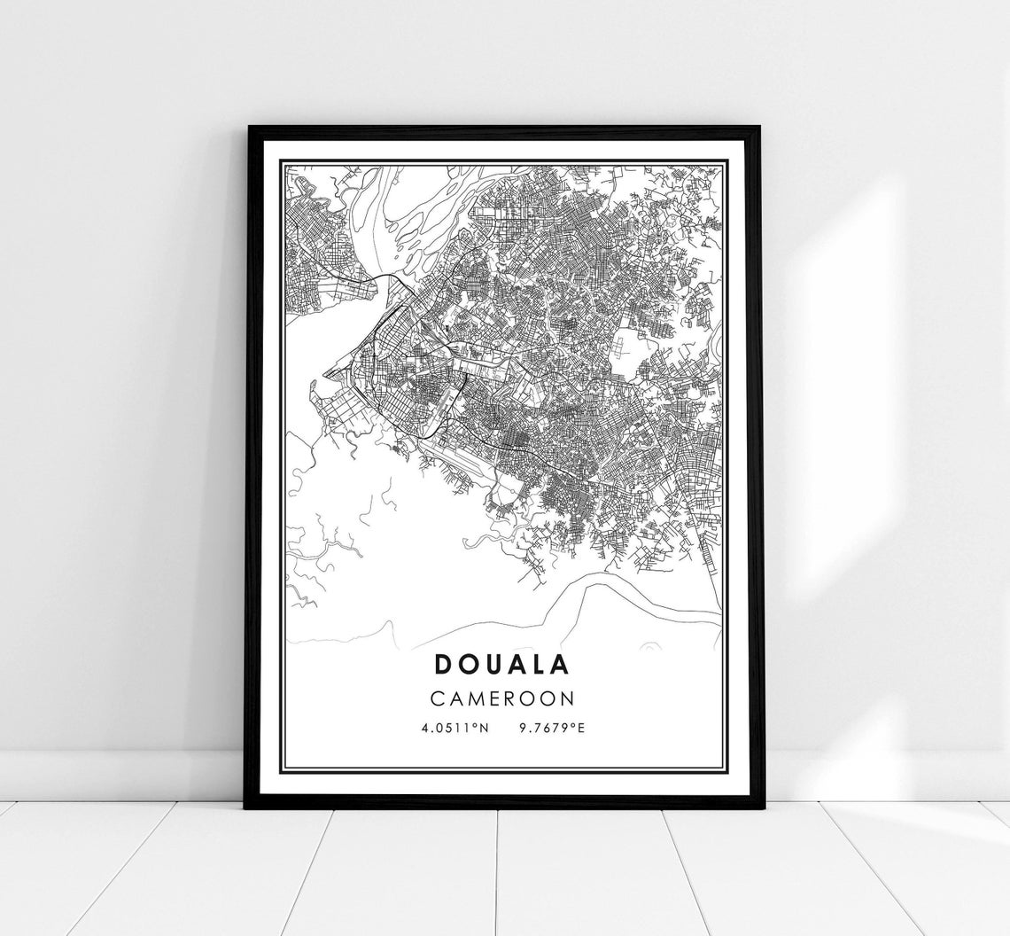 Douala Cameroon Coastal City Map Minimalist Black Line Art Poster