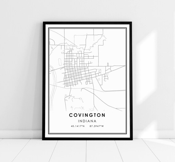 Covington Indiana Minimalist Black and White Street Map Poster
