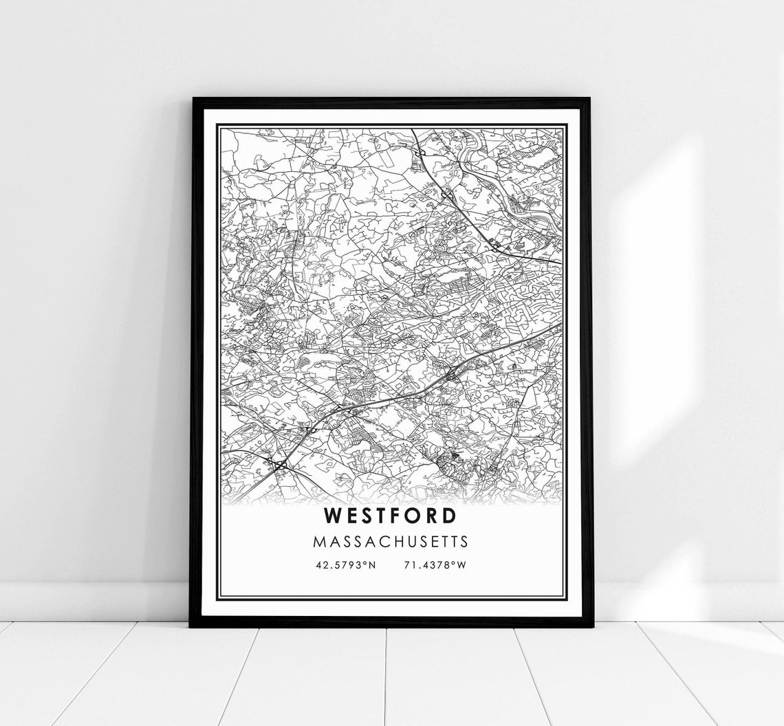 Westford Massachusetts City Map Street Grid Coordinates Poster