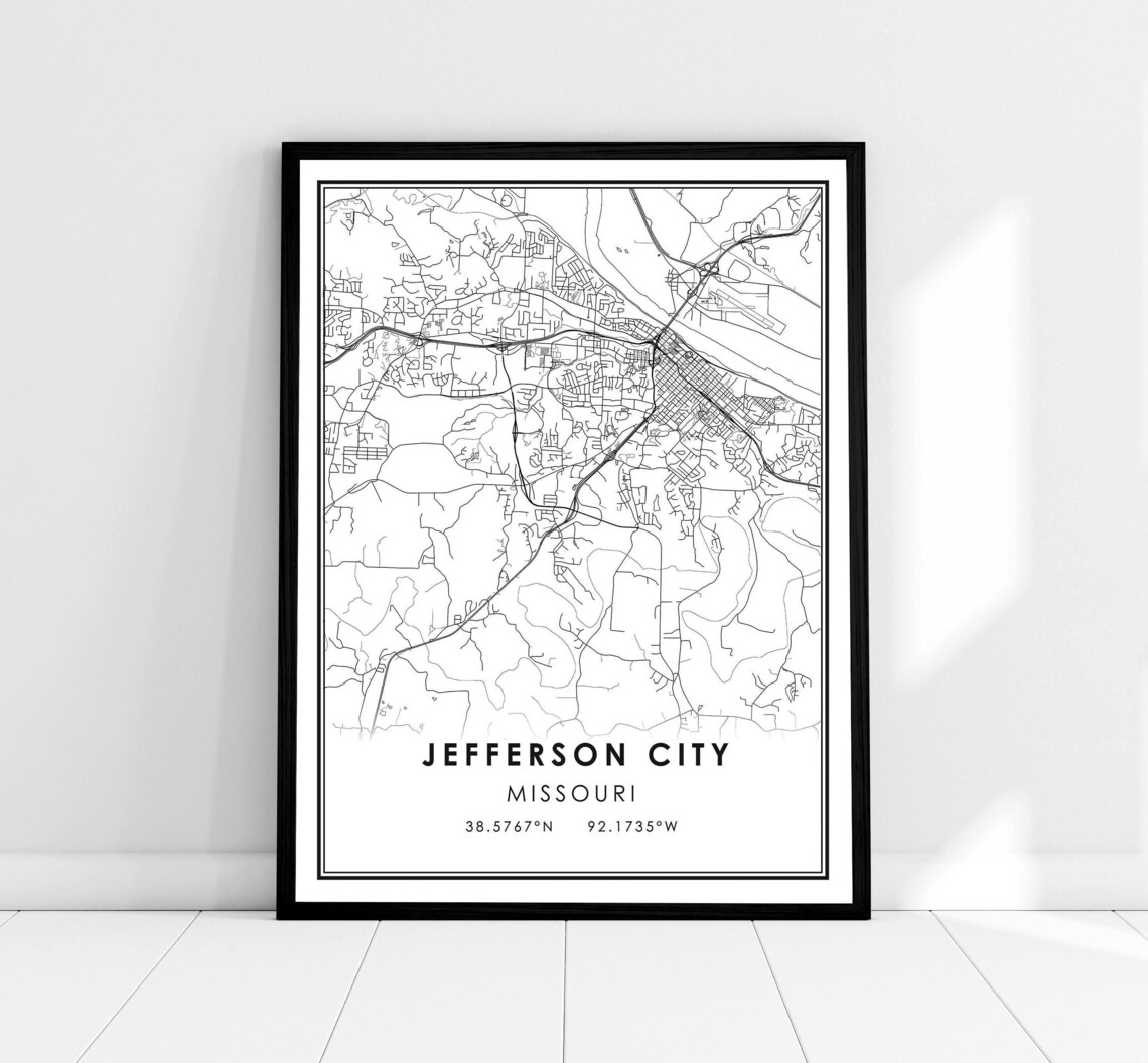 Jefferson City Missouri Street Map Poster with Coordinates Wall Decor