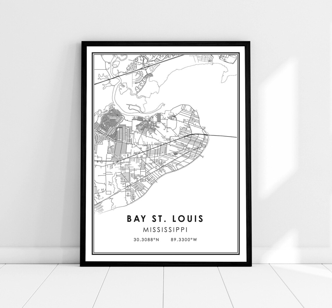 Bay St Louis Mississippi Minimalist City Map Black White Line Art Poster