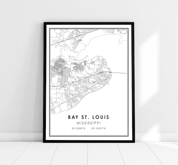 Bay St Louis Mississippi Minimalist City Map Black White Line Art Poster
