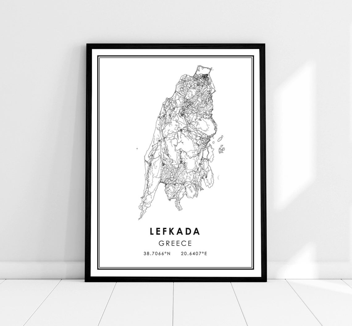 Lefkada Greece Island Street Map Minimalist Print With Coordinates
