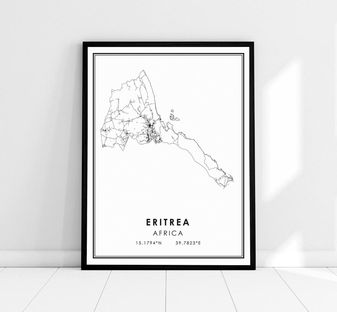 Eritrea Africa Black and White Minimalist Country Outline Map Art Poster