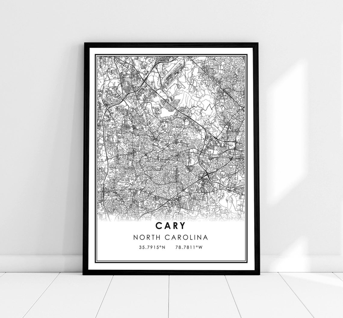 Cary North Carolina Minimalist Black White Street Map Poster