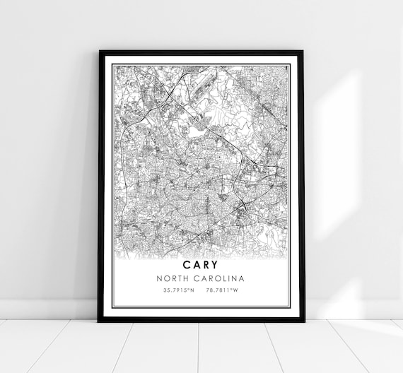 Cary North Carolina Minimalist Black White Street Map Poster
