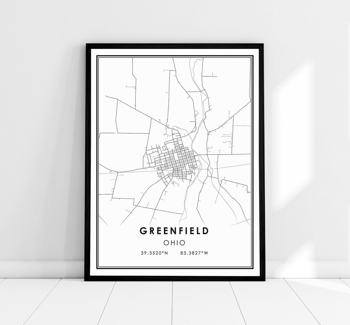 Greenfield Ohio Minimalist Black And White Street Map City Poster