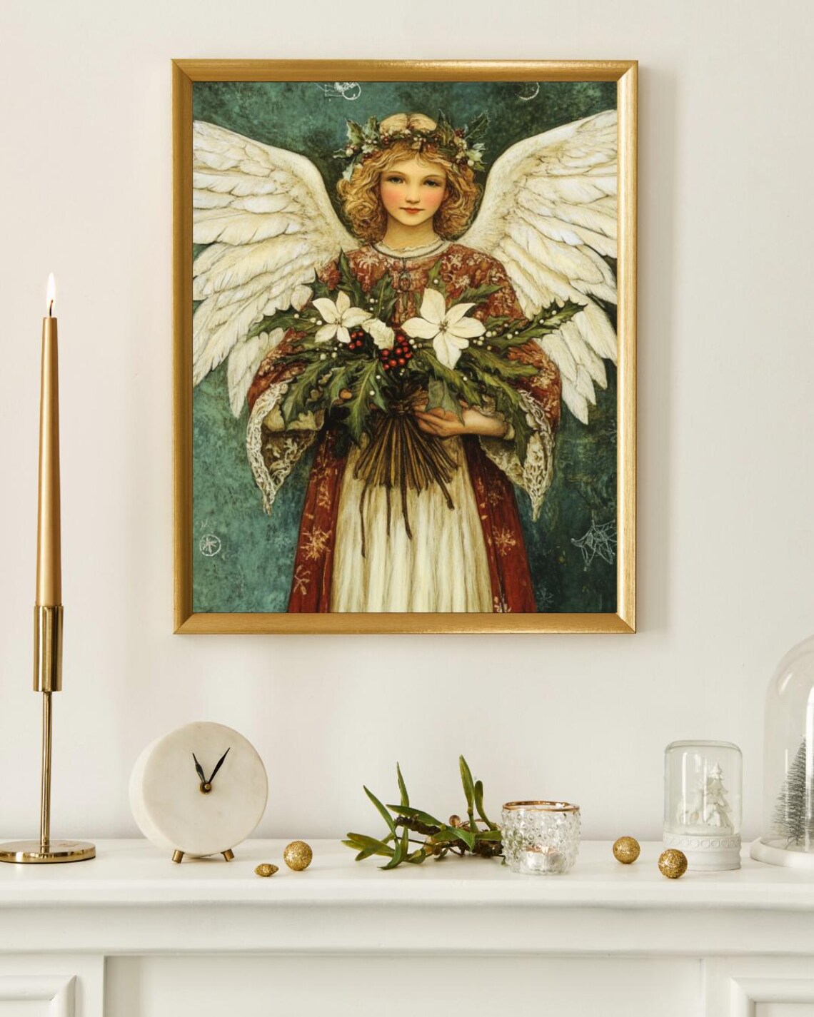 Christmas Angel Holding White Poinsettias Vintage Holiday Art Poster - Image 4