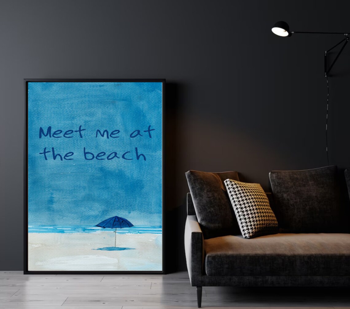 Meet Me At The Beach Blue Watercolor Art Umbrella Quote Poster - Image 3