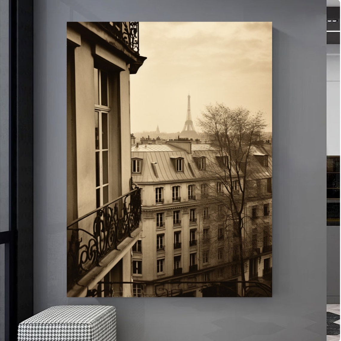 Parisian Balcony View Eiffel Tower Sepia Vintage Photography Poster