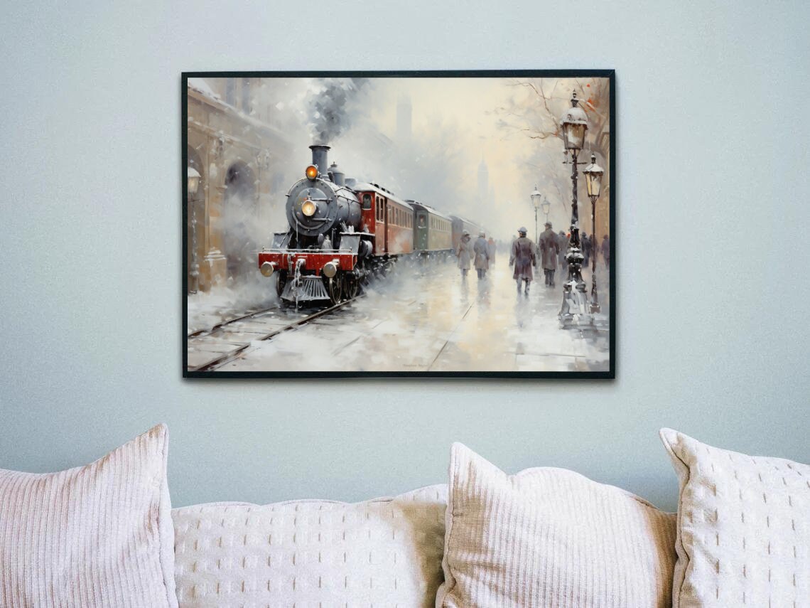 Vintage Steam Train Snowy Station Winter Railroad Painting Poster - Image 2