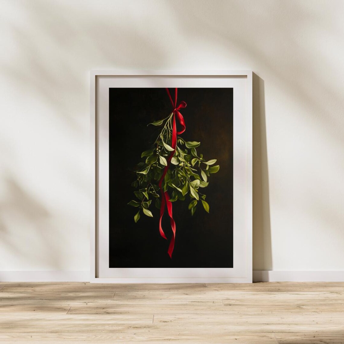 Mistletoe Bunch Red Ribbon Dark Background Christmas Art Print - Image 2