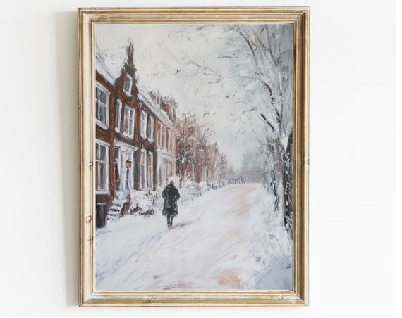 Snow Covered Street Winter Oil Painting Vintage European Town Poster