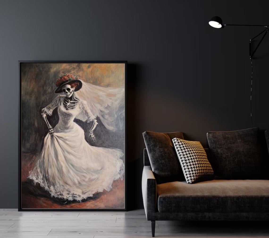 Dancing Skeleton Bride White Veil Rose Hat Halloween Painting Poster - Image 2
