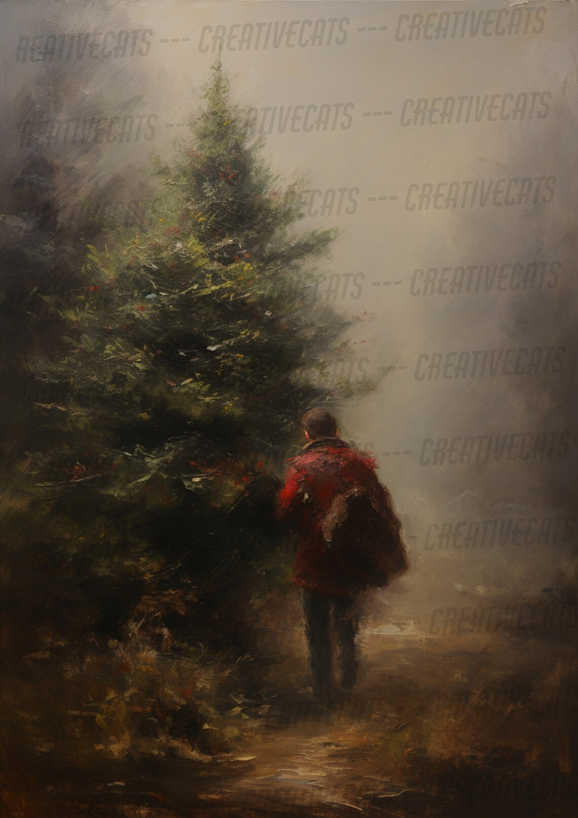 Moody Winter Painting Figure Carrying Christmas Tree In Fog Poster - Image 3