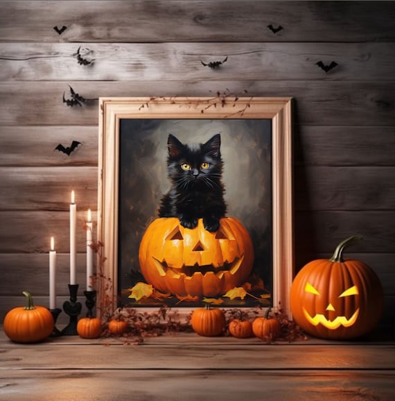 Halloween Wall Art Cute Black Cat Witchy Print Vintage Halloween Wall Decor Wiccan Animal Print Rustic Decor Pumpkin