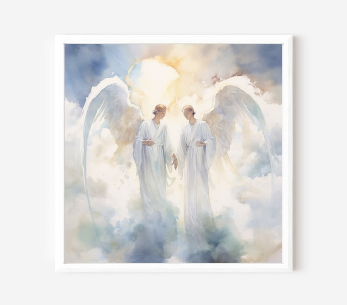 Two Angels In Clouds Watercolor Heavenly Spiritual Religious Art Print