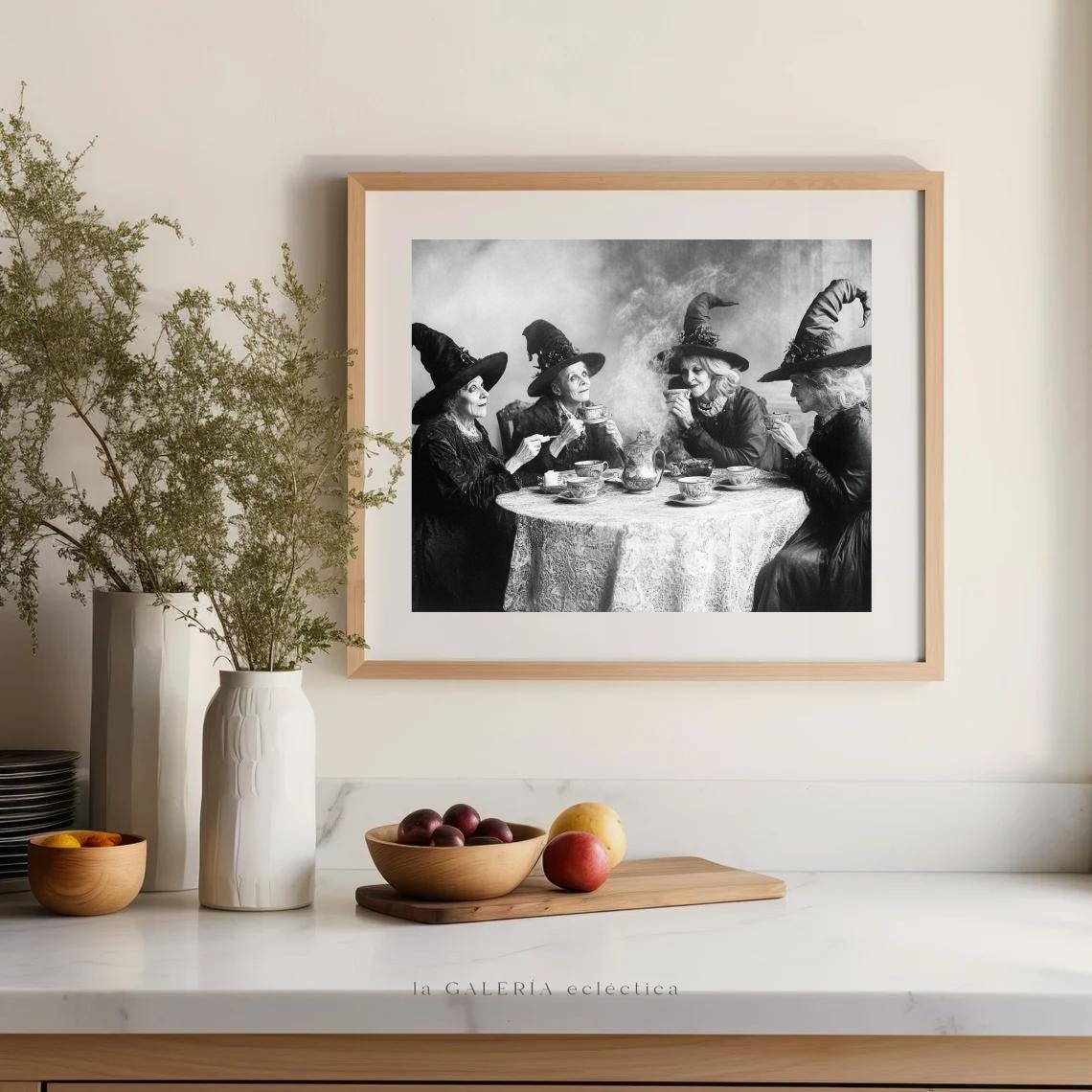 Four Witches Tea Party Vintage Black And White Halloween Poster - Image 2
