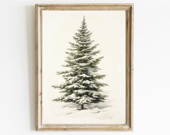 Vintage Christmas Tree Pine Tree Vintage Print Winter Art Holiday Decor Moody Neutral Holiday Art Fir Tree In The Snow Retro Print A1