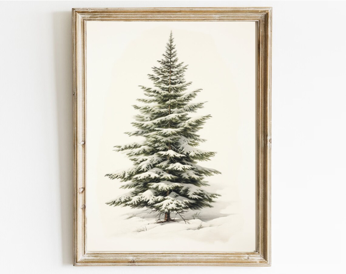 Minimalist Snowy Pine Tree Vintage Botanical Christmas Poster