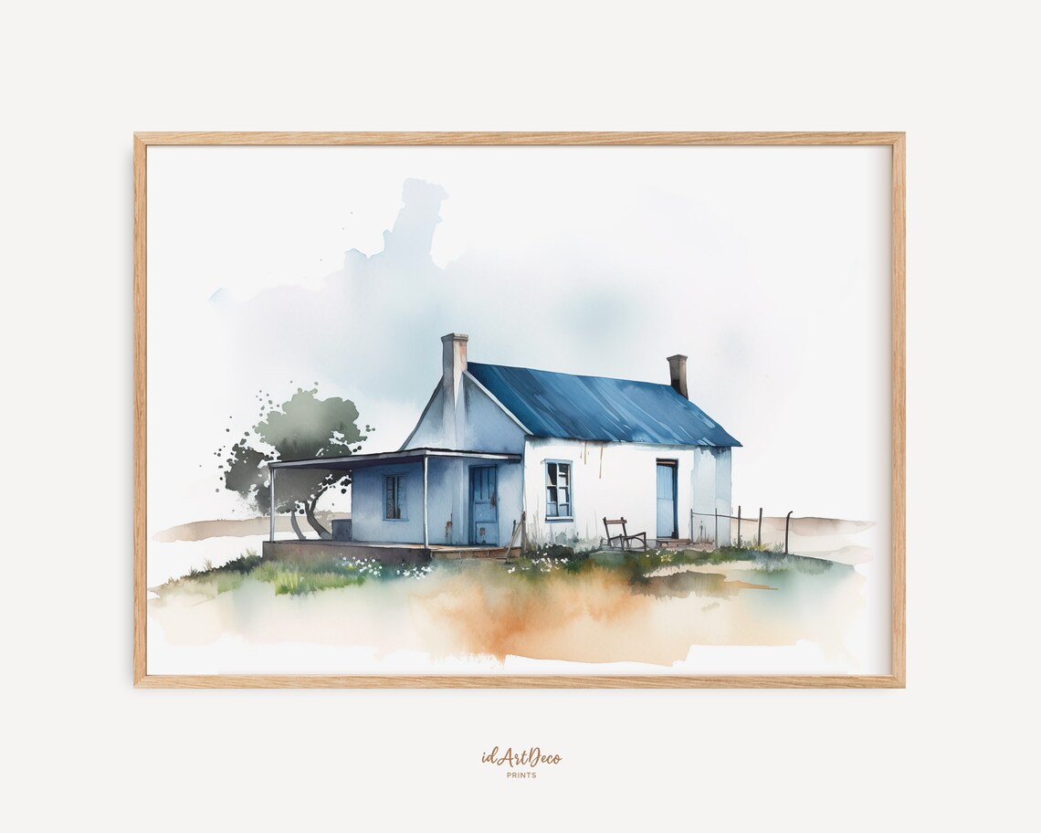 Watercolor Blue Roof Farmhouse Veranda Rustic Country House Poster