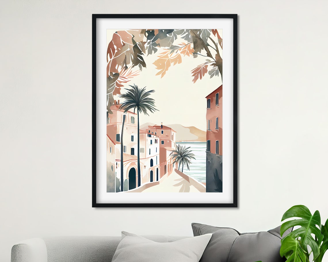 Mediterranean Coastal Town Palm Trees Watercolor Travel Poster - Image 3