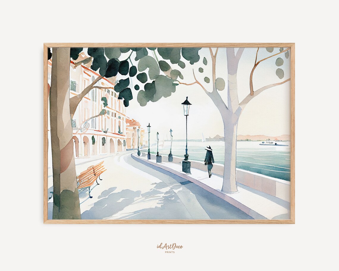 Watercolor European Riverside Promenade Street Scene Travel Poster
