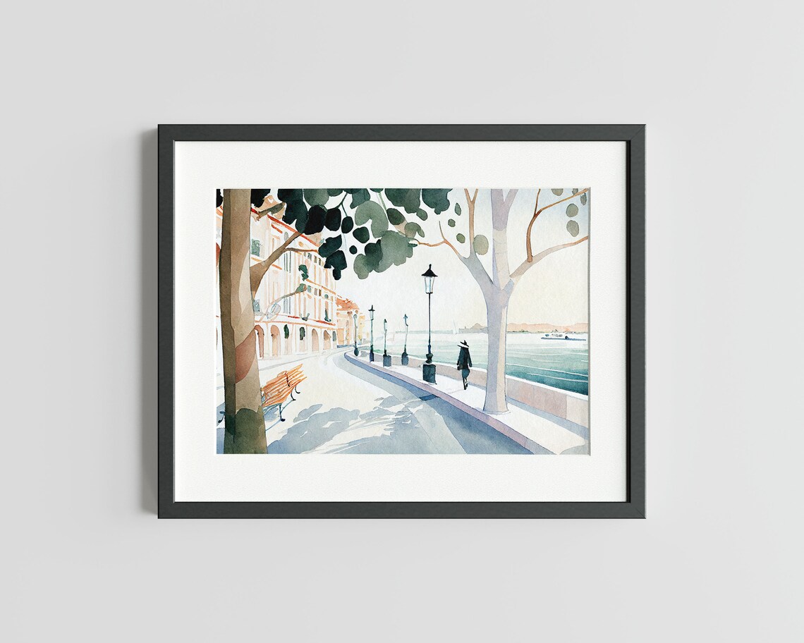 Watercolor European Riverside Promenade Street Scene Travel Poster - Image 2
