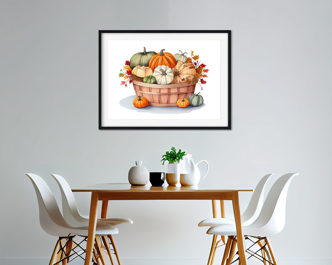 Autumn Pumpkin Basket Watercolor Fall Harvest Still Life Poster - Image 2